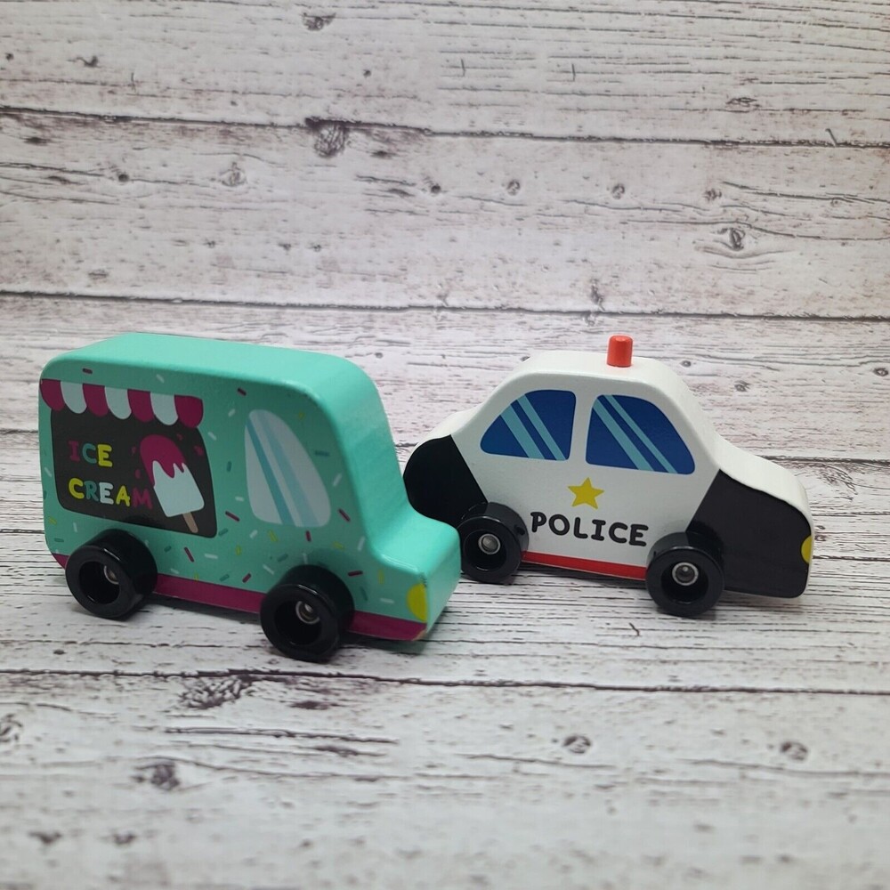 Wooden Toy Ice Cream Truck Police Car Ankyo Toys Vehicles Lot of 2